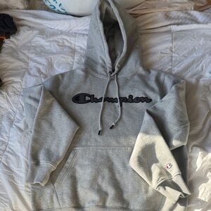 Champion Super Fleece heavy Gray Hoodie with Black Script Logo
